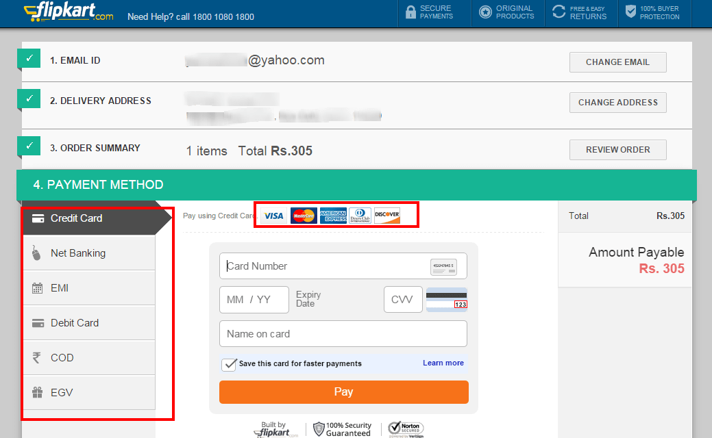 Flipkart checkout page has more than one payment options