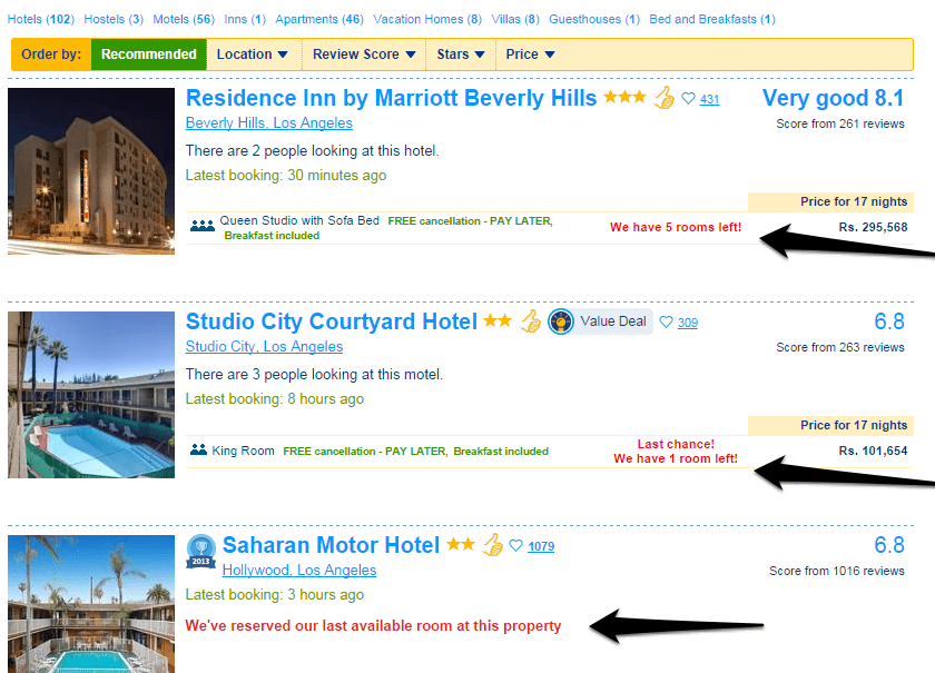 Hotel industry using urgency concept on their checkout page