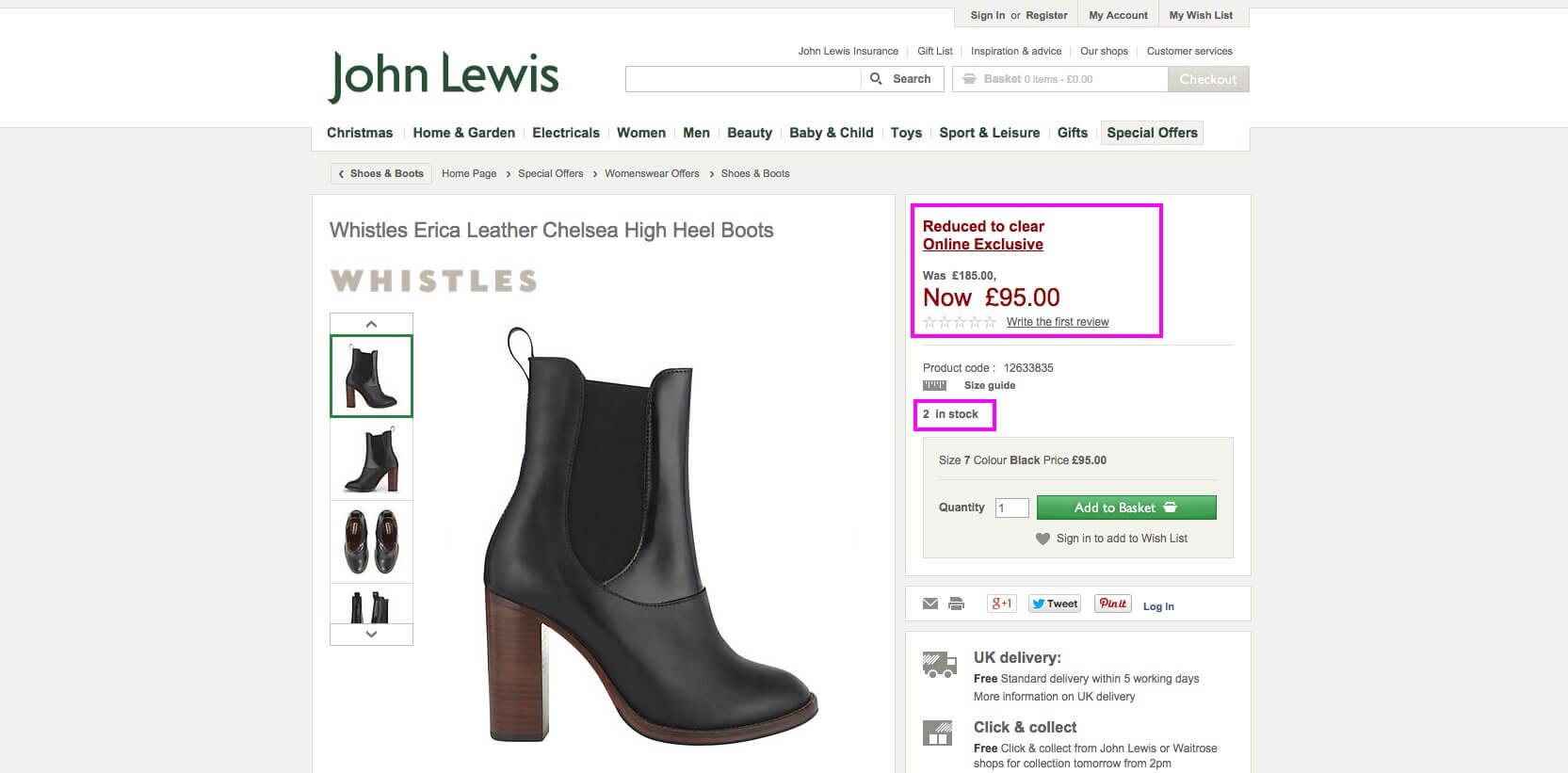 John Lewis using concept of Scarcity on checkout page