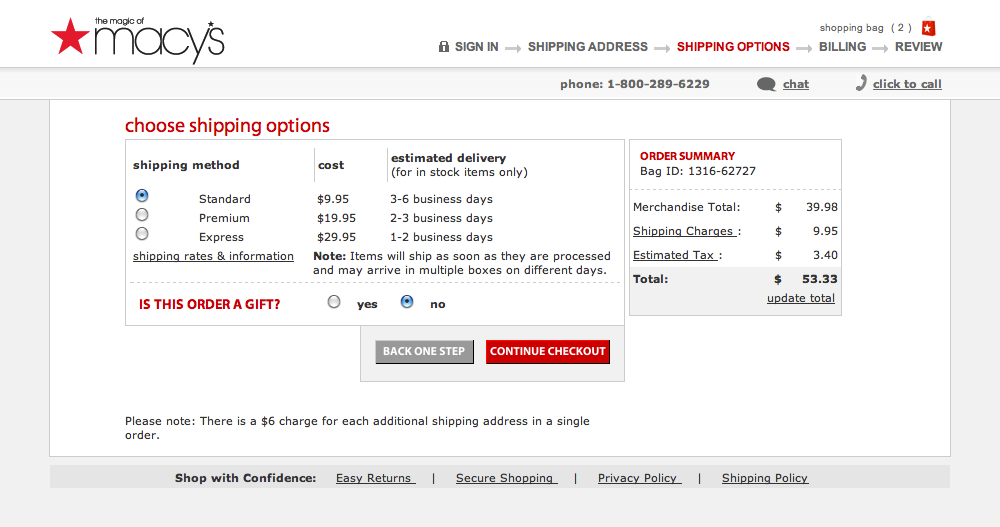 Macy's 4 Step Checkout page example