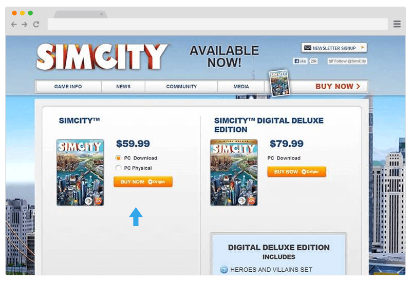 Sim City Variation landing page with increased conversion